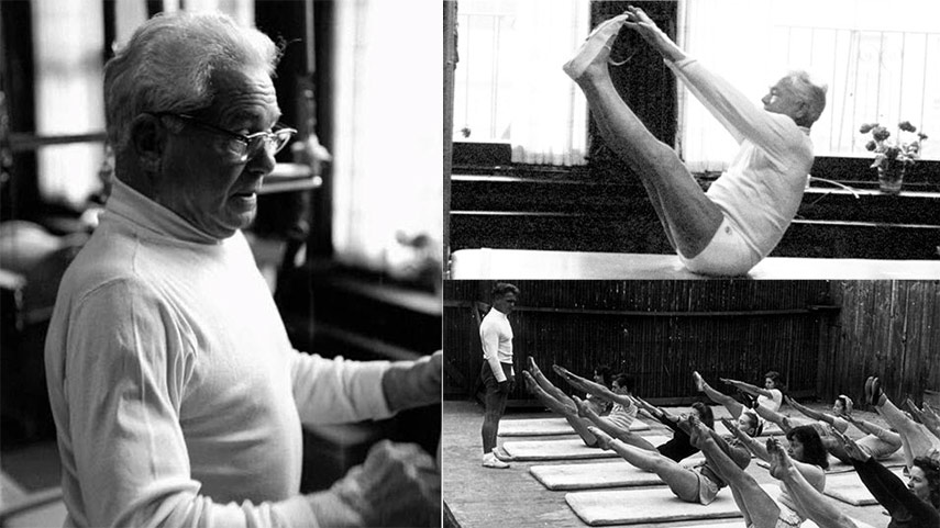 Collage de photos en noir et blanc : À gauche, Joseph Pilates, un homme âgé, donne des instructions debout. À droite, il exécute une pose assise en V, avec un groupe de personnes sur des tapis qui imitent son mouvement.