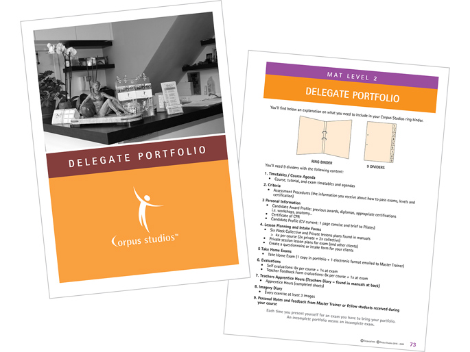 Delegate portfolio cover beside a page of instructions from Corpus Studios, featuring a monochrome gym image and text about exercises.