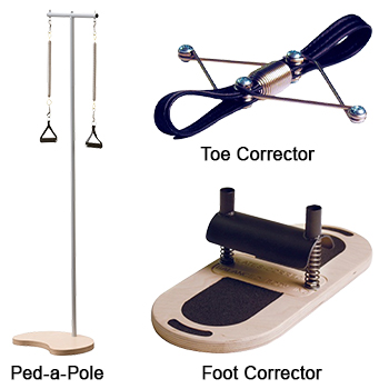 Three Pilates equipment items: a tall pole with handles labeled "Ped-a-Pole," a small device with straps labeled "Toe Corrector," and a spring-loaded board labeled "Foot Corrector.